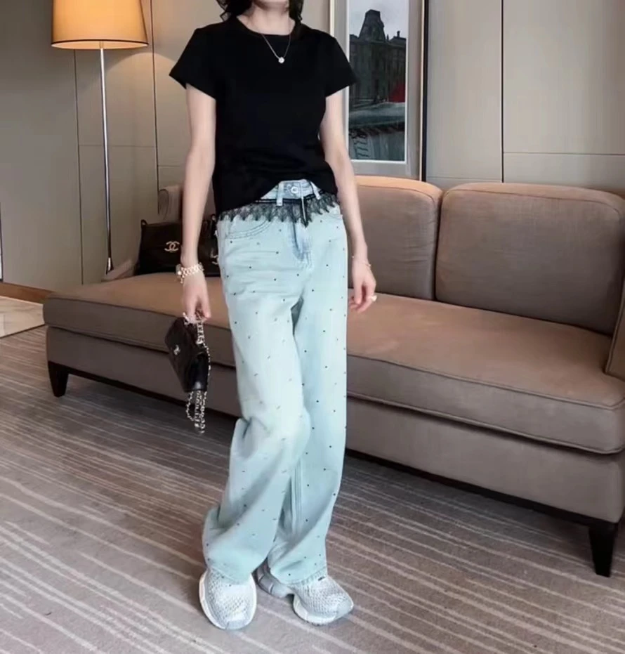 春季新款胖妹妹高腰显瘦身弹力直筒裤蓝色精品加长阔腿牛仔裤