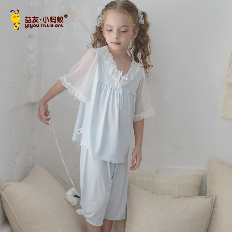 益友小蚂蚁2025女童T恤套装夏季莫代尔宫廷风亲子睡衣儿童公主风
