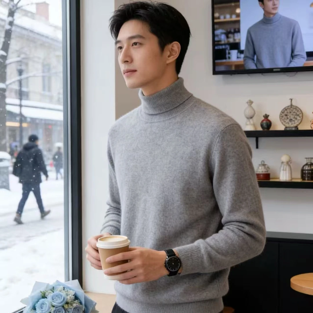 儒雅绅士~新款25秋冬100%山羊绒男12针平面高翻领保暖绅士羊绒衫R