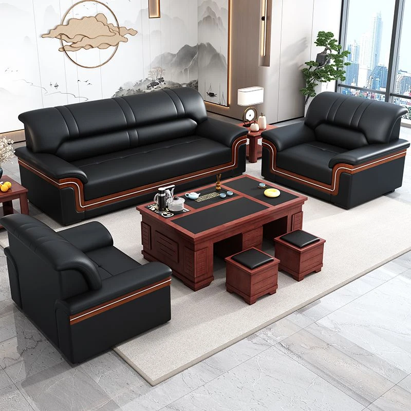 头层真皮办公沙发会客室接待商务现代简约三人位沙发茶几组合