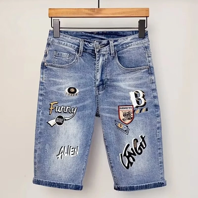 景君澜夏季五分破洞刺绣蓝色潮流牛仔短裤修身直筒弹力潮流中裤男