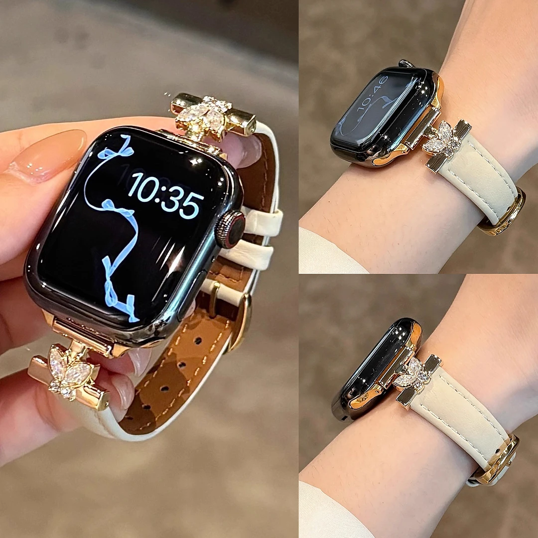 高级感蝴蝶镶钻皮质苹果手表表带s11适用Apple Watch789iwatchs10