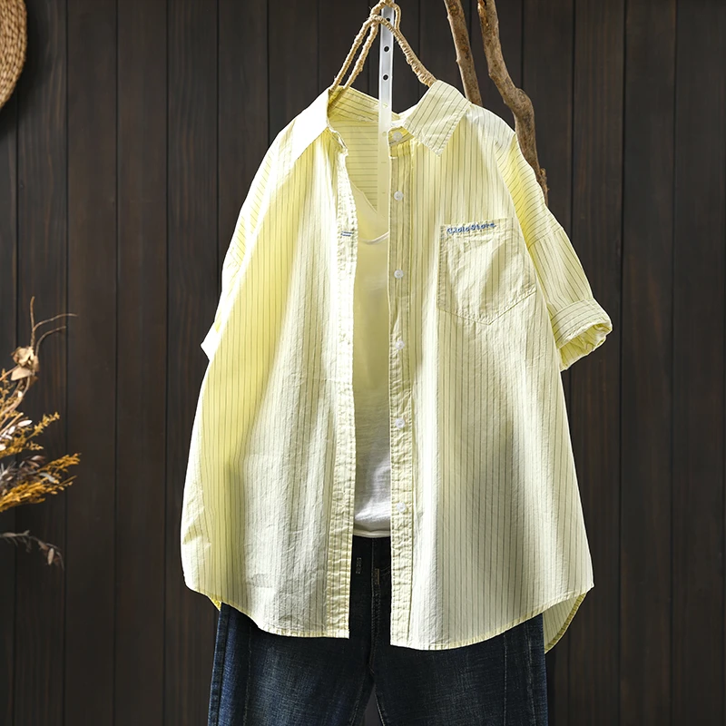 黄色纯棉条纹短袖衬衫女2025夏季新款时尚宽松百搭衬衣开衫薄外套