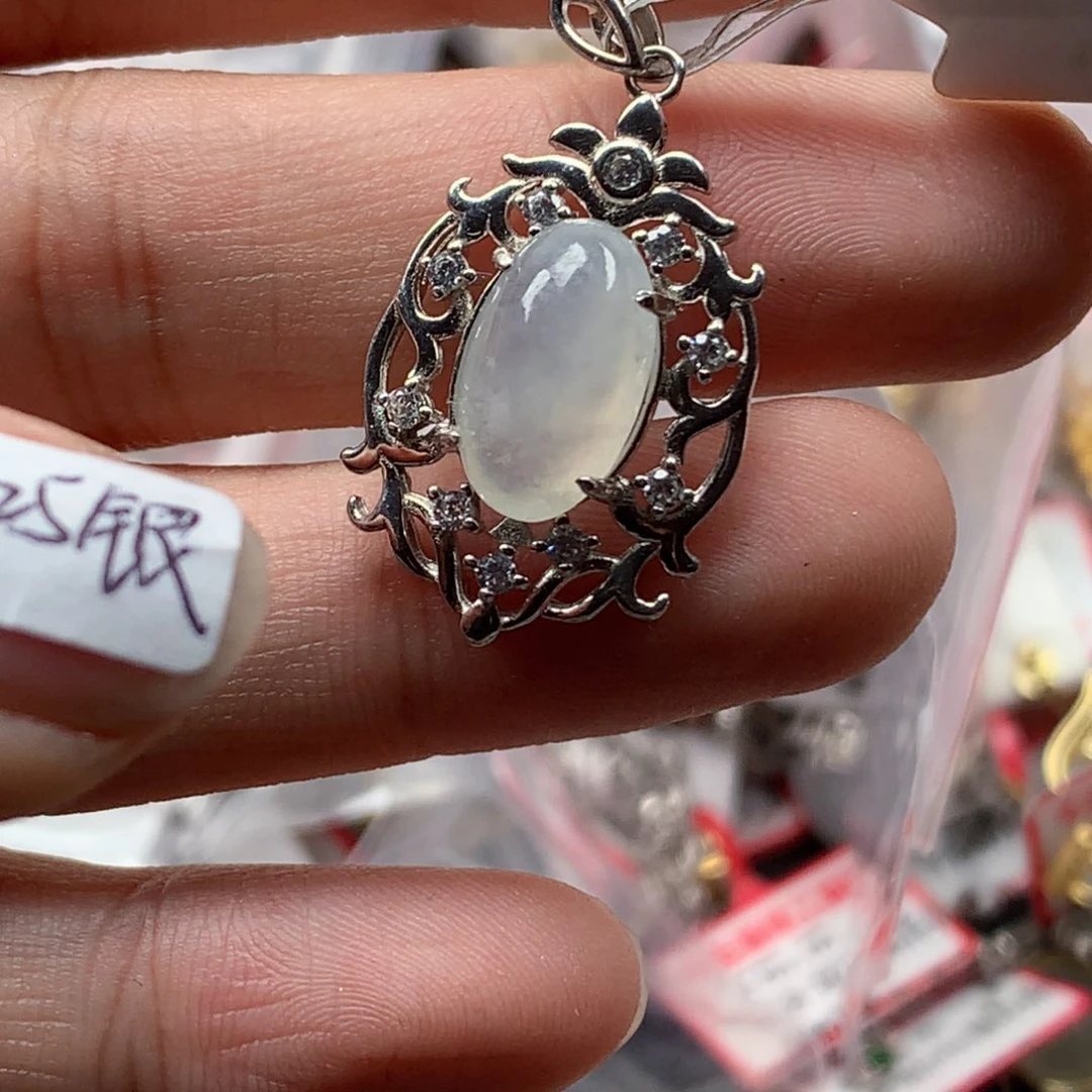 翡翠银S925镶嵌戒指天然翡翠吊坠