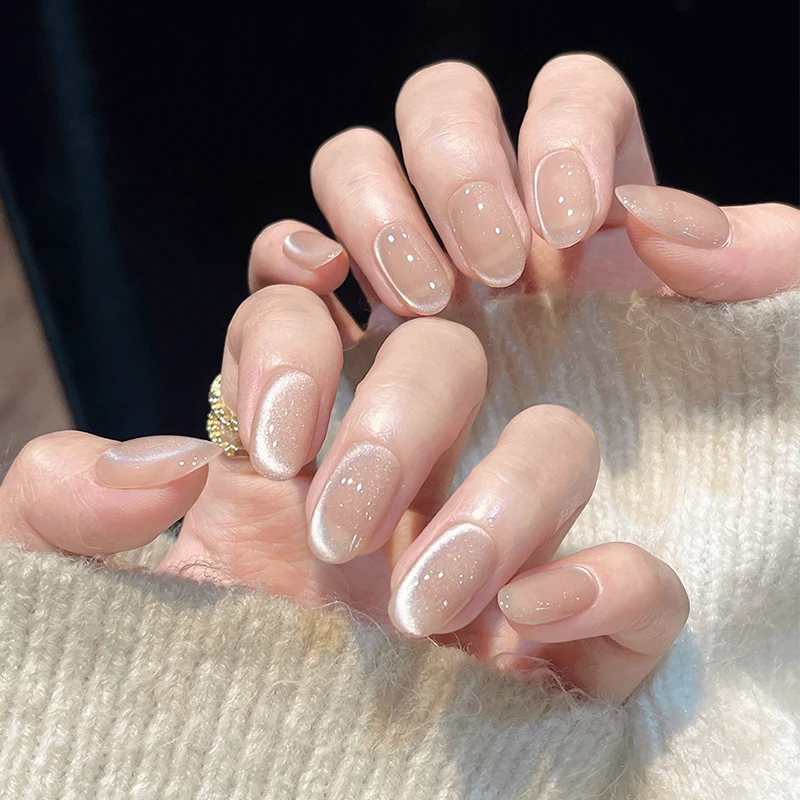 米哩米纯手工穿戴甲晶石猫眼美甲专用贴片显白新款中长款月桂茶冻