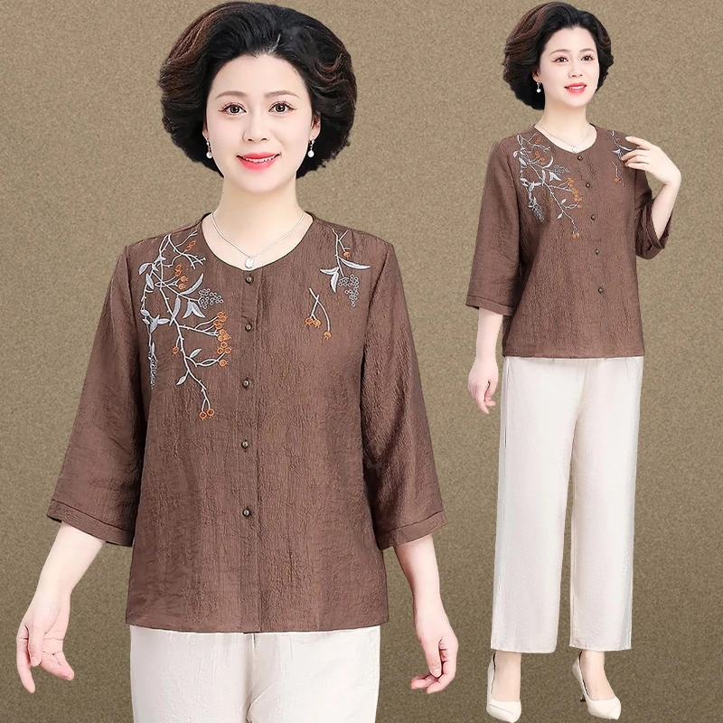 新中式妈妈夏装套装棉麻小衫2025新款中老年夏季国风七分袖上衣女