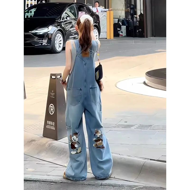 2025夏季新款米老鼠印花牛仔背带裤女卡通减龄百搭宽松阔腿拖地裤