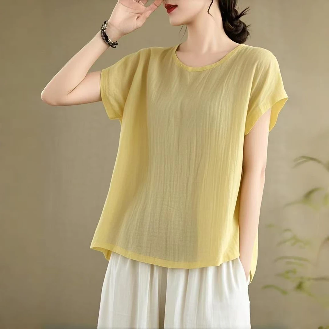 新款百搭棉麻夏季复古纯色短袖T恤2025棉麻新款显瘦宽松休闲上衣