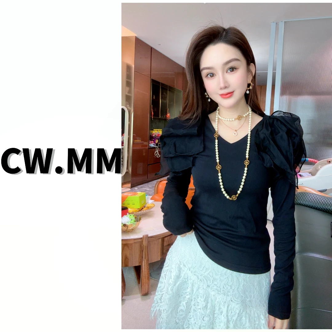 --CW.MM 黑色修身长袖拼接设计感显瘦上衣