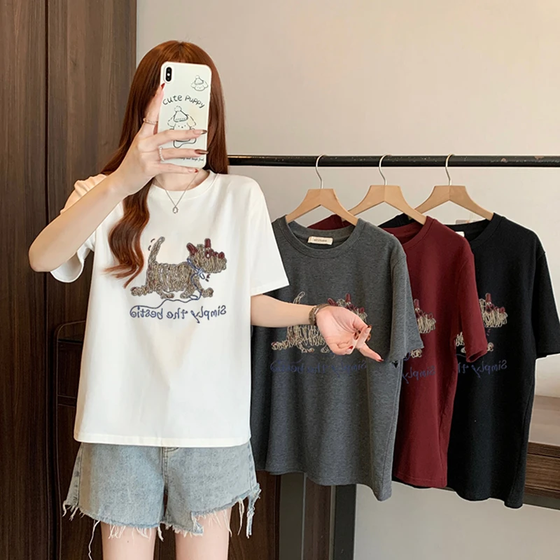 大码女装2025夏装新款卡通刺绣别致圆领正肩短袖T恤胖mm显瘦上衣