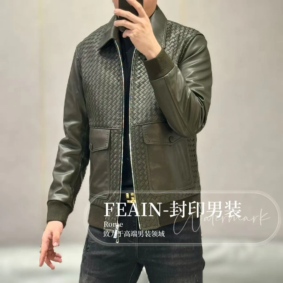 【真皮编织桑蚕丝】高端男士手工真皮编织桑蚕丝填充翻领夹克25016
