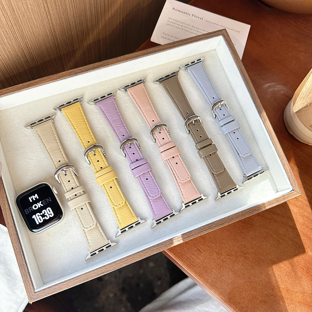 新款适用苹果iwatchS11荔枝纹小蛮腰双面真皮S1098手表带10ultra