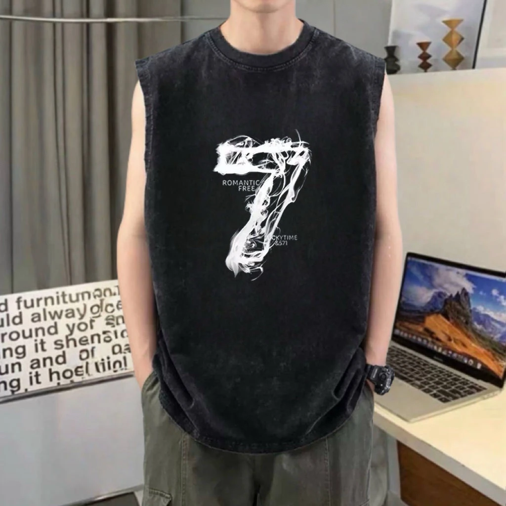 2025新款美式暗黑烟雾7印花无袖t恤男宽松上衣夏季潮牌坎肩背心