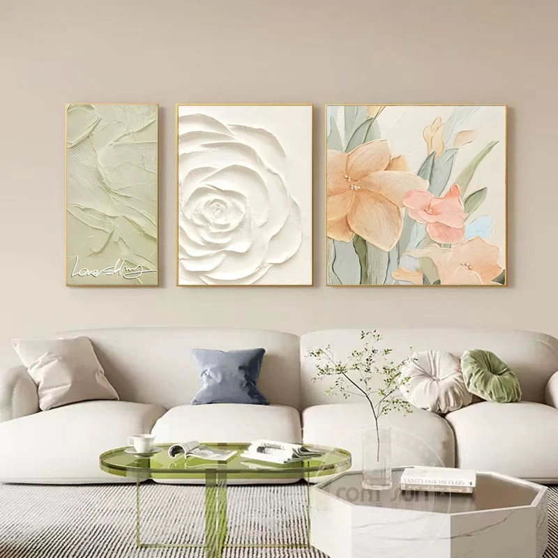 砂岩客厅三联装饰画奶油风肌理画沙发背景墙挂画80180