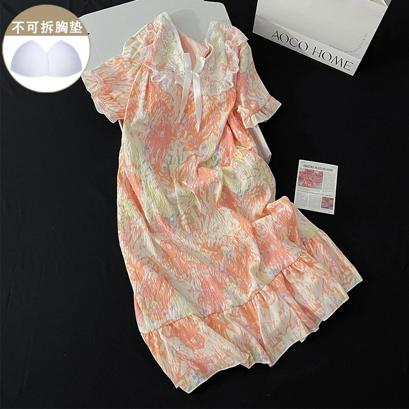 带胸垫宽松睡裙女夏季橘色晕染短袖睡衣甜美花边少女连衣裙家居服