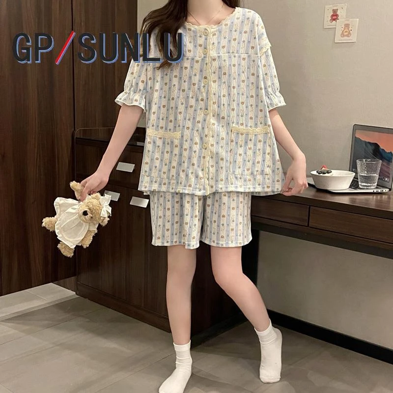 日本小众GP夏季条纹小熊睡衣女甜美卡通透气短袖套装薄款蕾丝花边