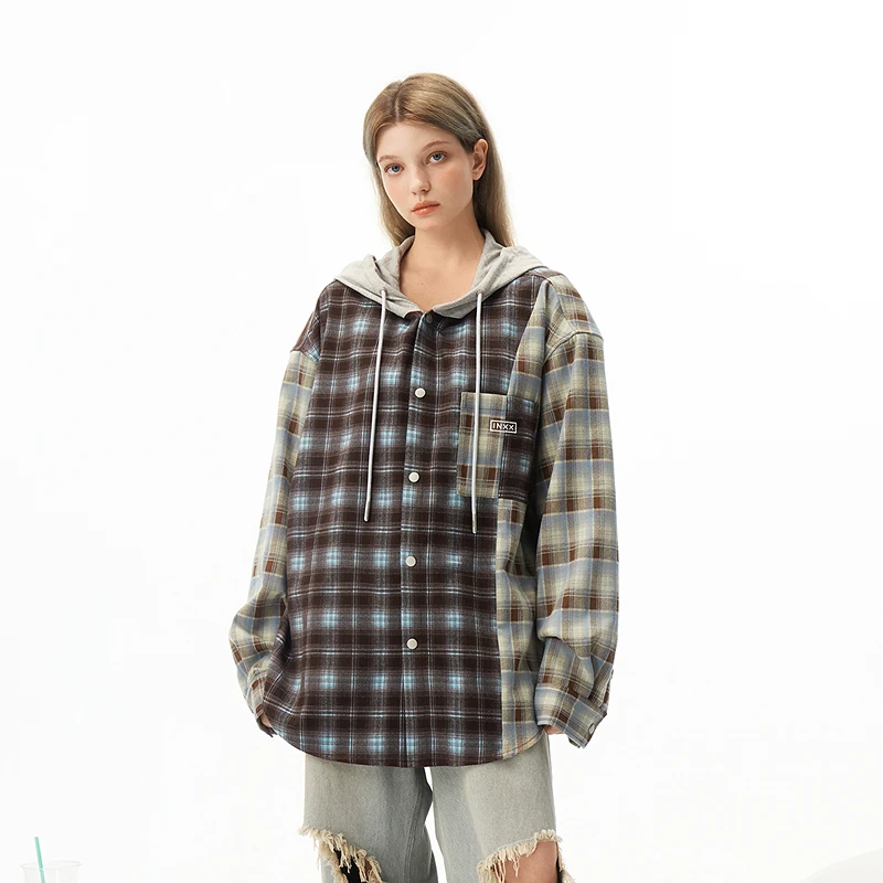【INXX】潮牌不对称格子衬衫针织连帽长袖上衣男女同款XRF1040541
