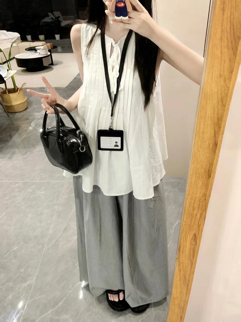 两件套装夏季新款韩版甜美学院风无袖背心衬衣上衣条纹阔腿裤子潮