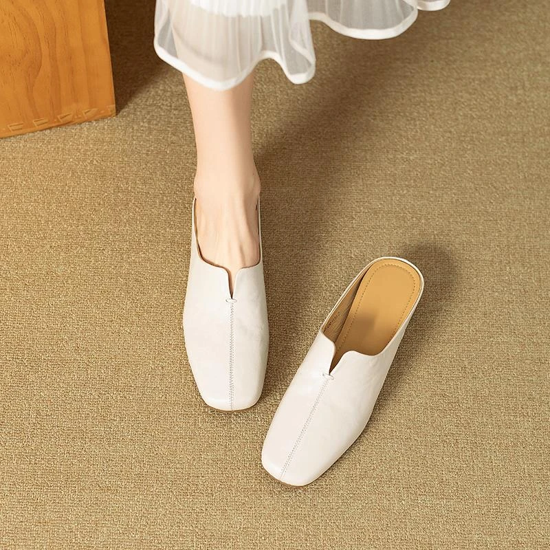 巨软羊皮复古方头懒人包头半拖凉鞋女夏时尚简约外穿粗低跟穆勒鞋