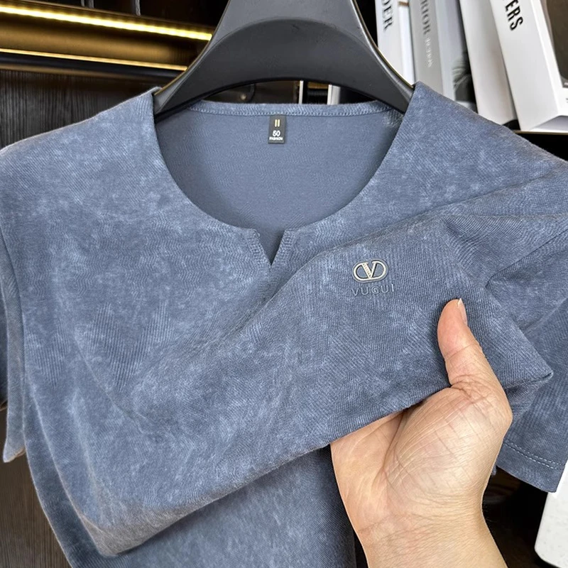 VIATEMSIARY夏季男士冰丝短袖t恤新中式潮流烫钻休闲小V领体恤衫