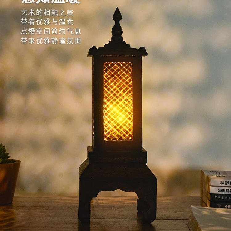 泰式手工实木竹编复古家居摆件方形台灯室内点缀摆件台灯摆件氛围