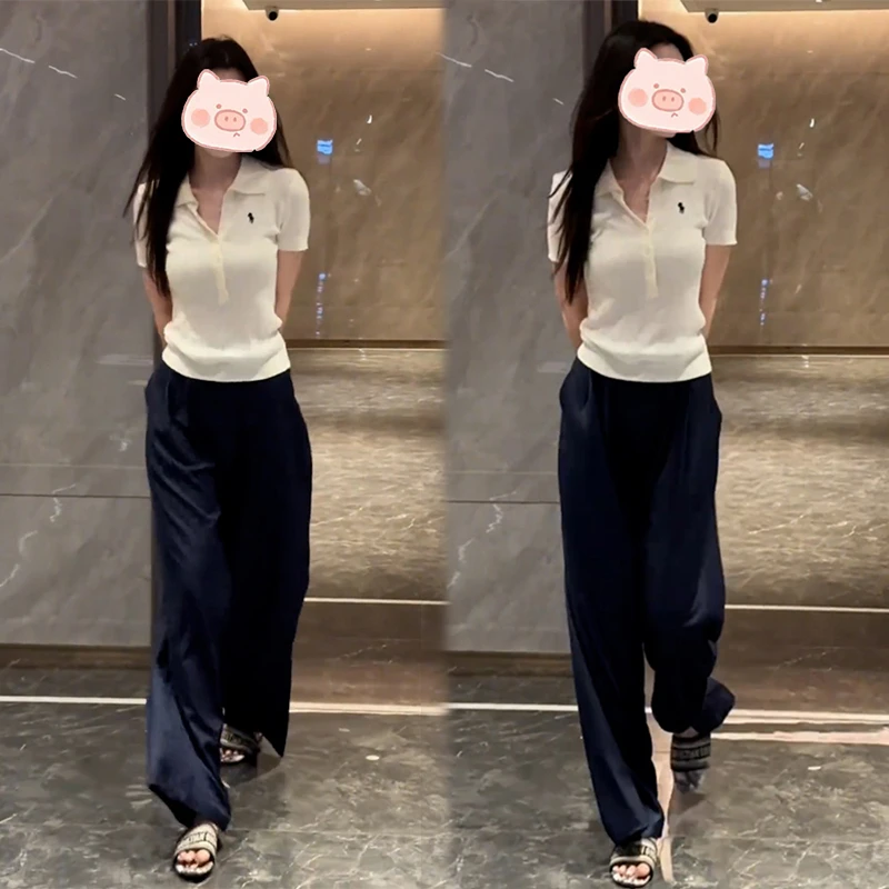 今年流行一整套ootd穿搭巨好看的夏装白色v领上衣休闲裤两件套装