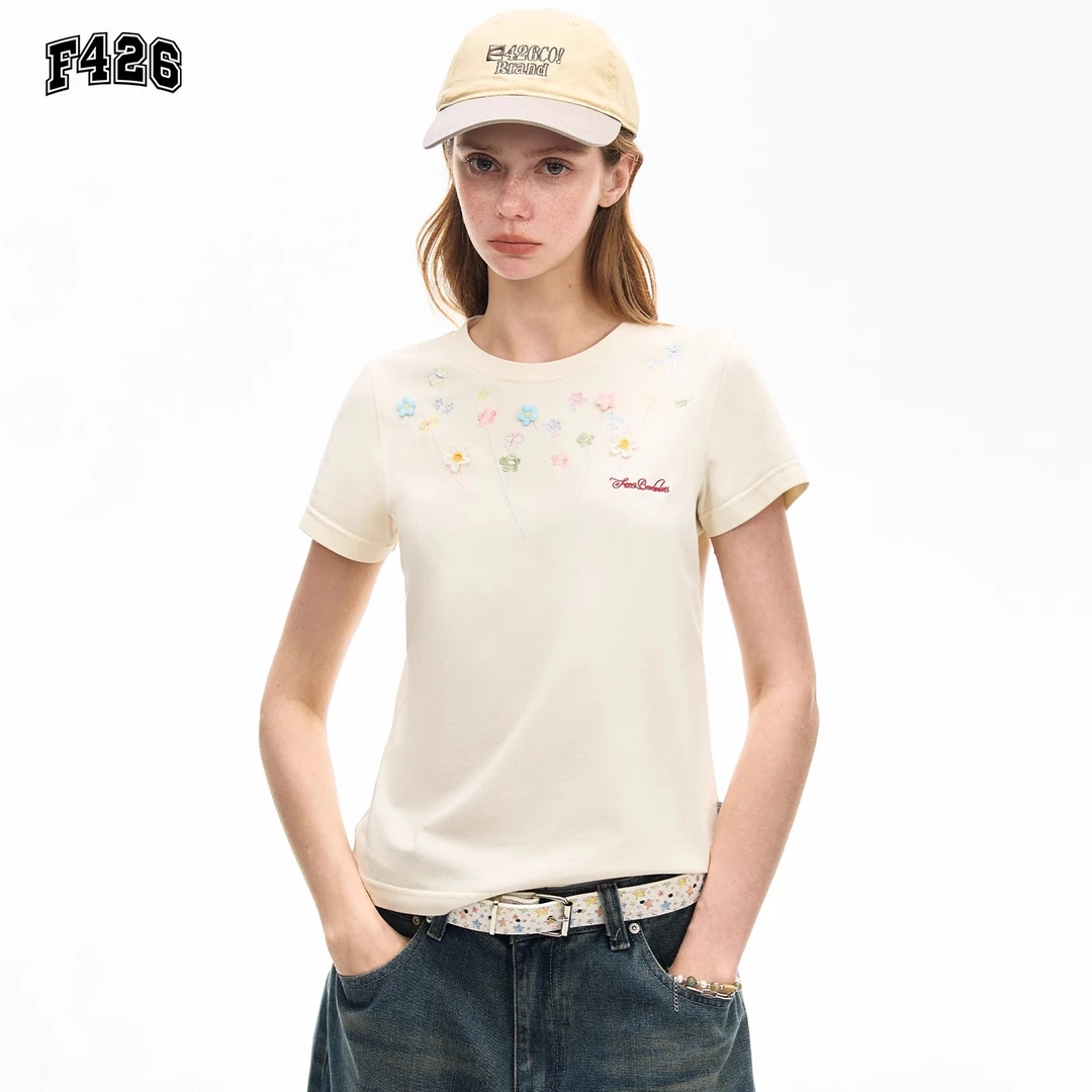 F426潮牌夏季休闲t恤新款花卉短袖夏日正肩衣服显瘦半袖0099