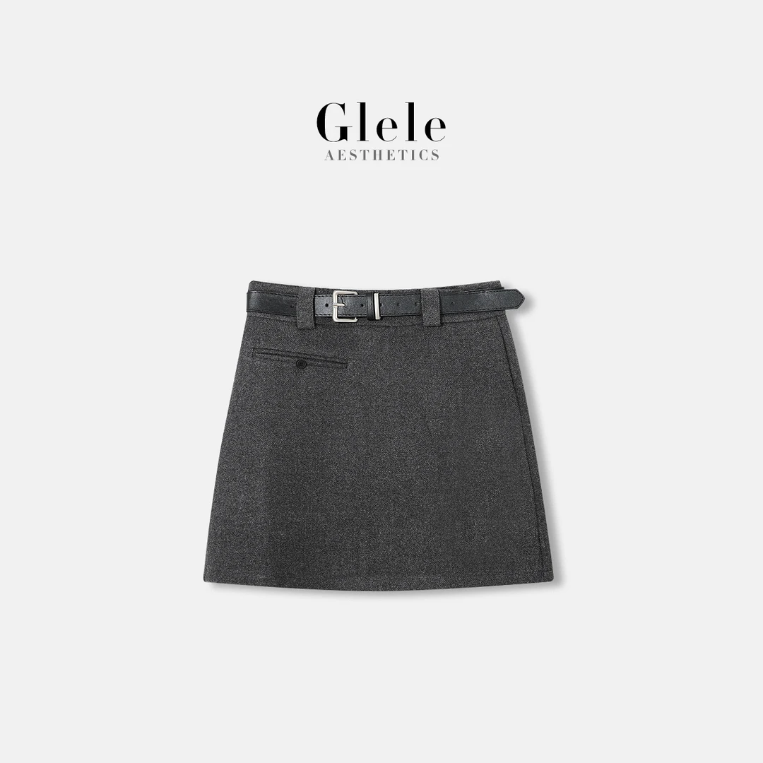 Glele私服「羊毛呢半裙」格雷系休闲减龄不对称口袋毛呢半裙