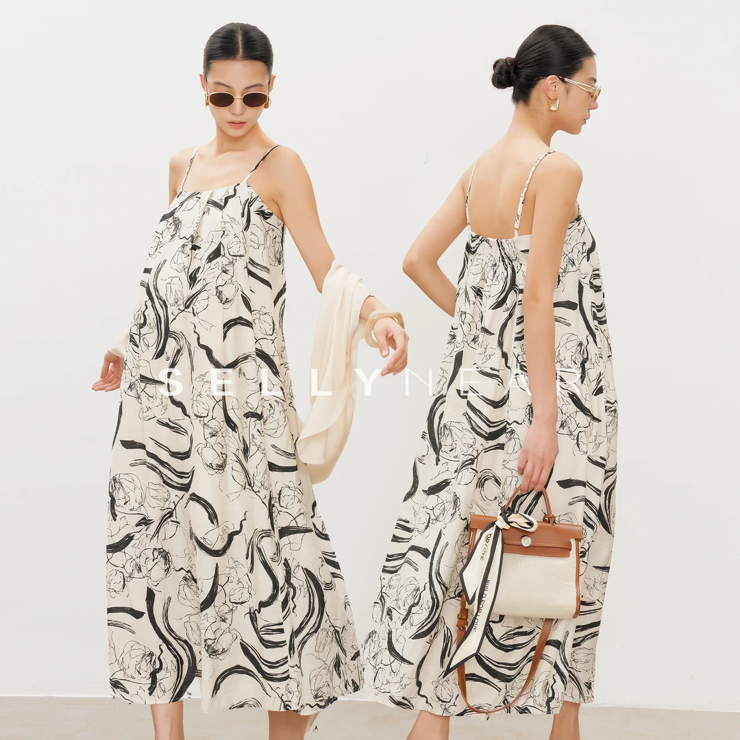 SELLYNEAR孕妇夏季吊带裙时尚法式慵懒棉麻水墨印花度假风连衣裙