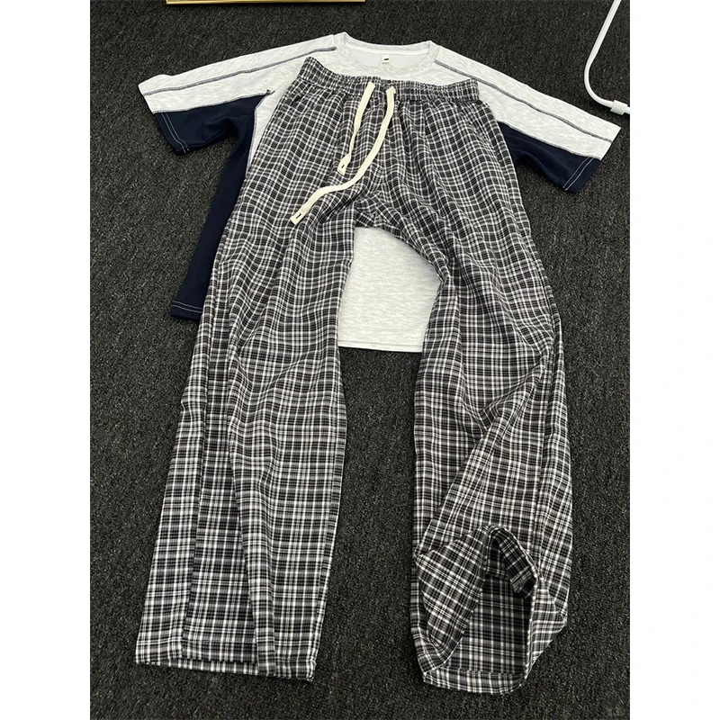 美式复古小格子裤子男女夏季薄款高腰抽绳休闲裤慵懒松弛感阔腿裤