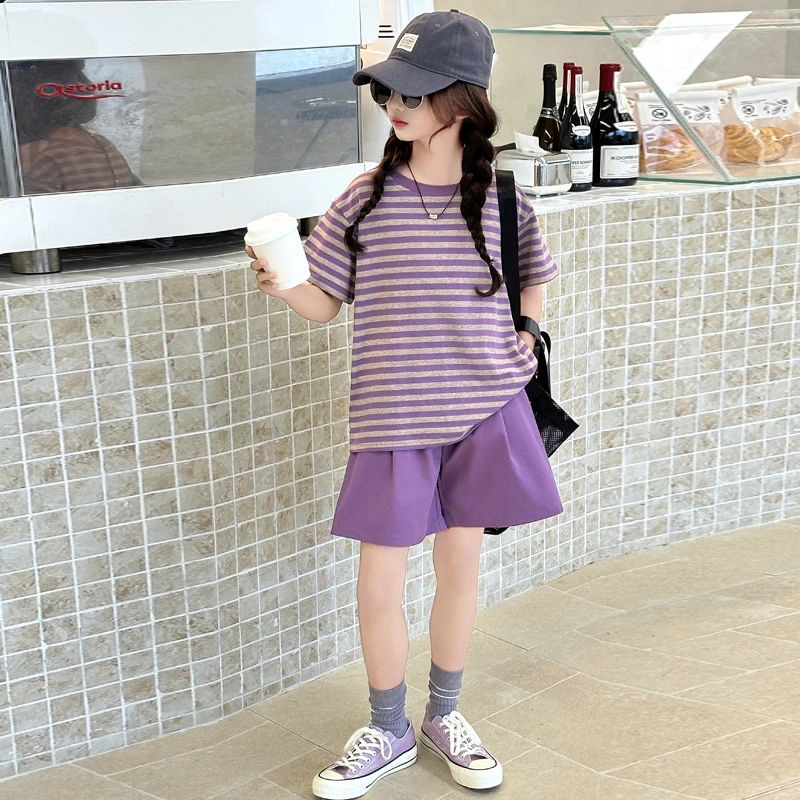 女童夏装套装2025新款中大童6-12岁15岁女孩夏季条纹短袖儿童短裤