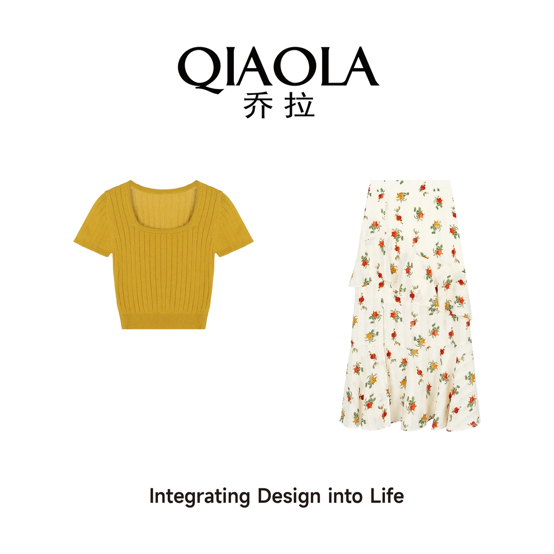 QIAOLA/乔拉【暖阳花信】夏季双曲纱方领碎花减龄上衣套装