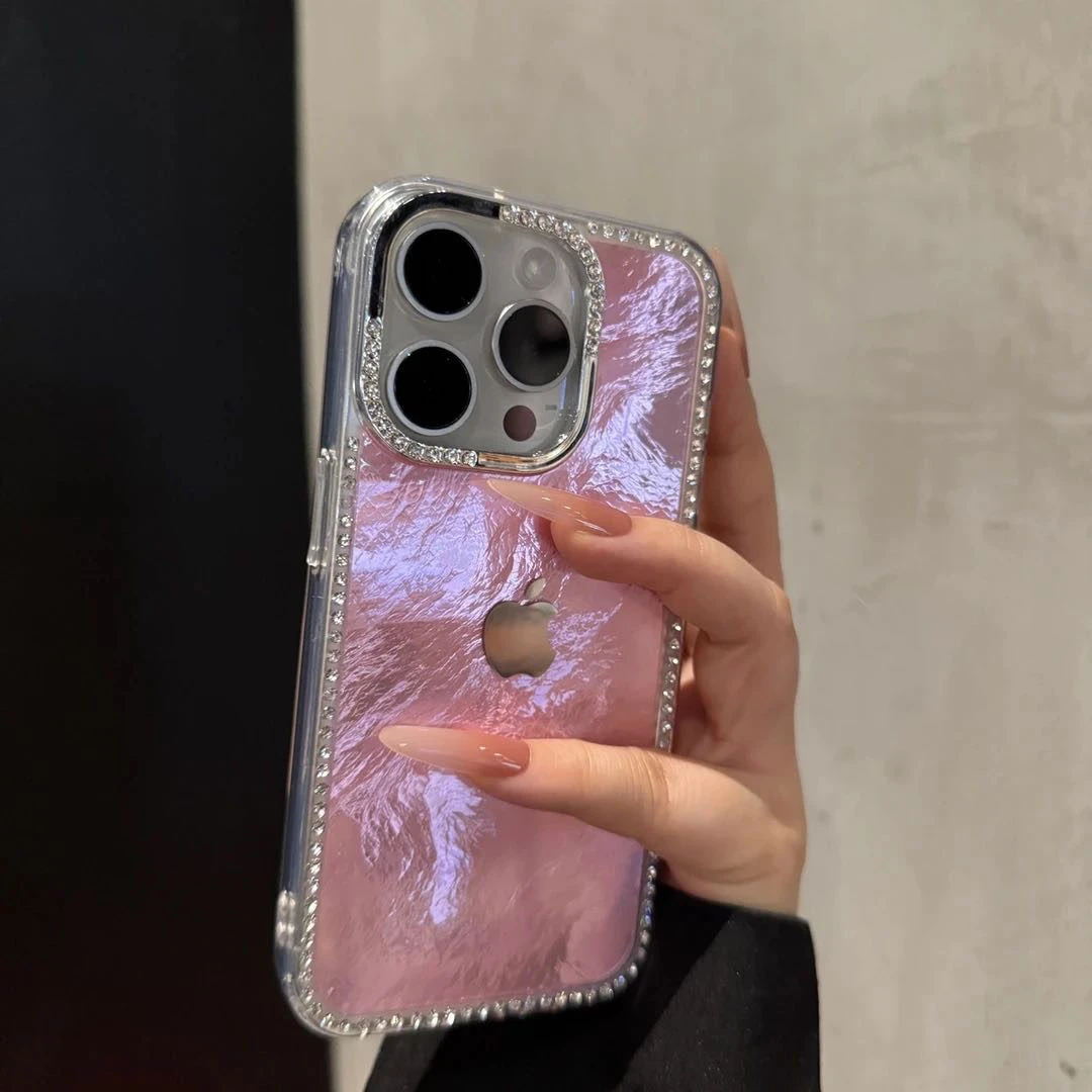 适用于苹果16手机壳iPhone15ProMax锡纸纹14镭射闪钻13大孔12防摔