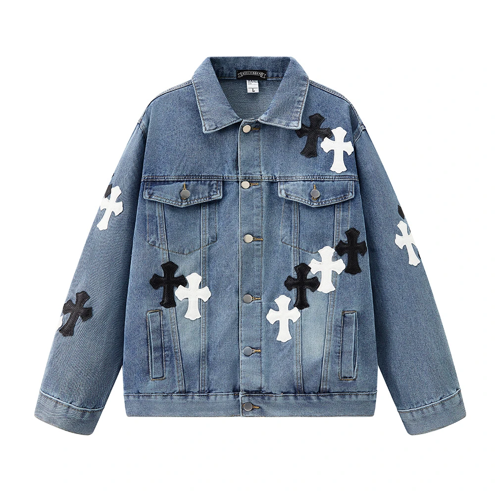 十字克罗心哥特风男装牛仔外套上衣时尚中性圆形徽标牛仔外套复古