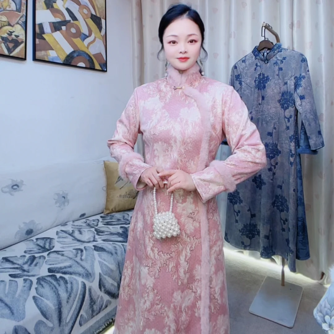 【轻羽】冬季加绒毛领新款优雅气质文艺日常奥黛改良旗袍