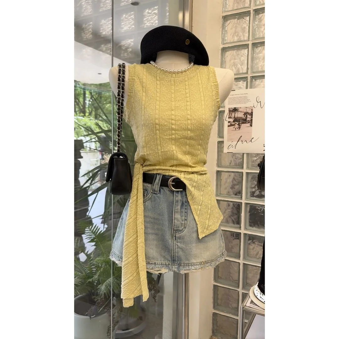 2025夏季新款外穿高级感辣妹无袖不规则吊带背心牛仔短裙两件套装