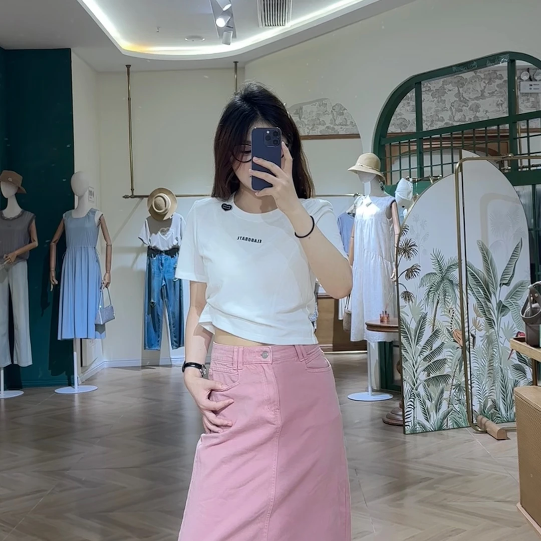 朵以2025夏季爱心镂空金属显瘦正肩圆领短款短袖T恤39DX328035