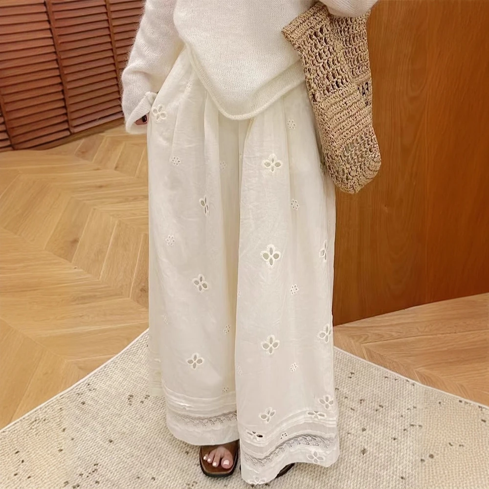 2025新款夏季高腰宽松设计感阔腿休闲裤韩系镂空蕾丝拼接阔腿裤女