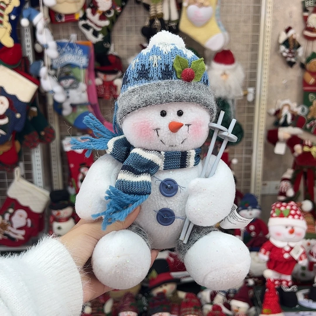 毛绒圣诞雪人蓝白摆件