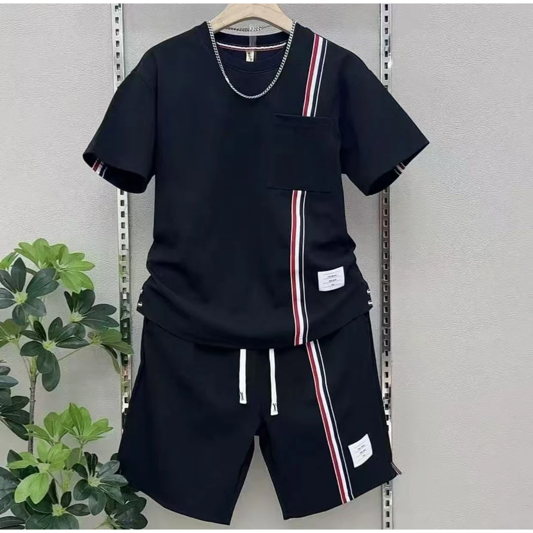 夏季男士圆领轻奢燕尾套装织带趴条短袖短裤俩件套时尚休闲套装潮