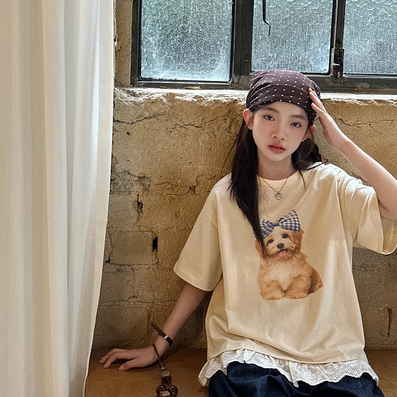 M2025夏装新品女童小狗蕾丝花边短袖T恤