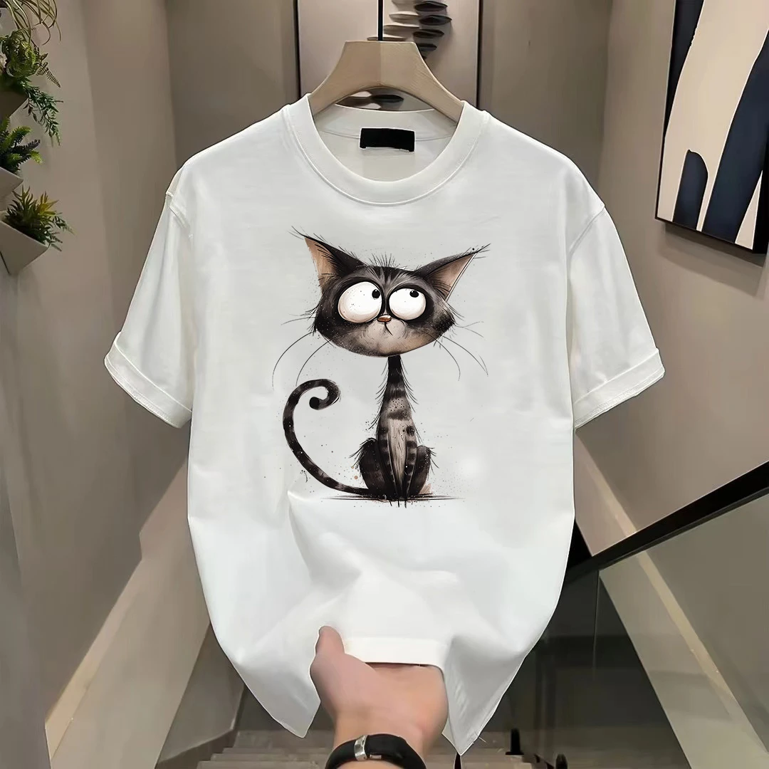 100%纯棉短袖T恤潮牌新款夏季宽松型圆领猫咪上衣男女装百搭休闲i