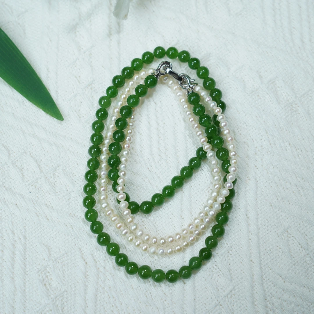 【睿泽鉴宝】S925和田玉碧玉叠戴小米珠项链 3-4mm-6mm FEB0075