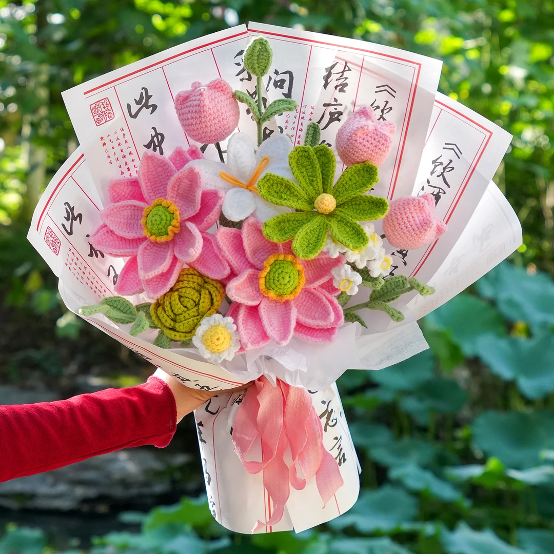 创意国风荷花仿真手工钩织莲花花束成品生日礼物送女毛线花束成品