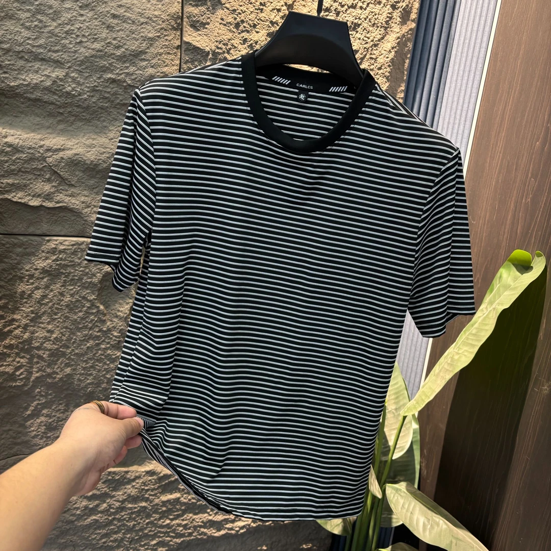 夏季新款男士短袖T恤圆领潮流ins潮牌痞帅百搭休闲条纹打底半袖