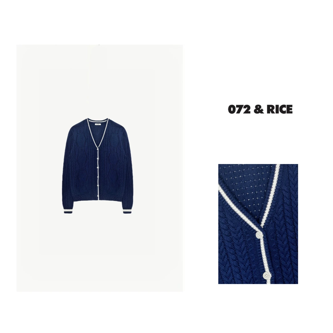 072 & RICE【蓝冠】秋季休闲V领撞色长袖针织开衫 SJ017 FF