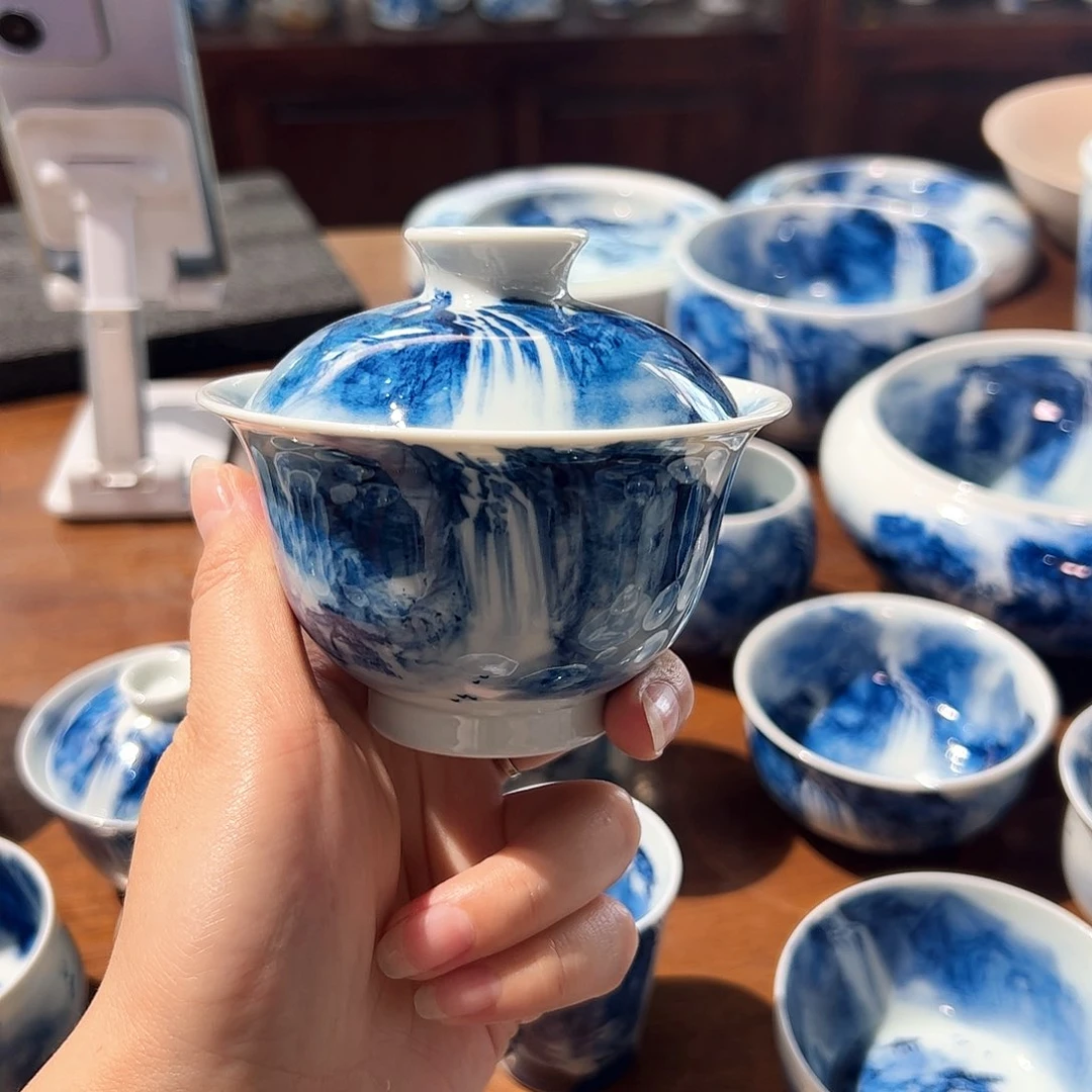 杯S***子青花手绘山水盖碗