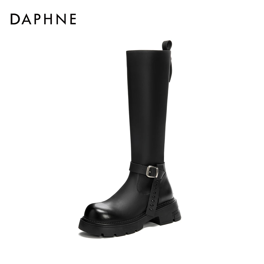 达芙妮新款酷帅扣带高筒靴女靴时尚百搭粗跟厚底增高长筒时装靴