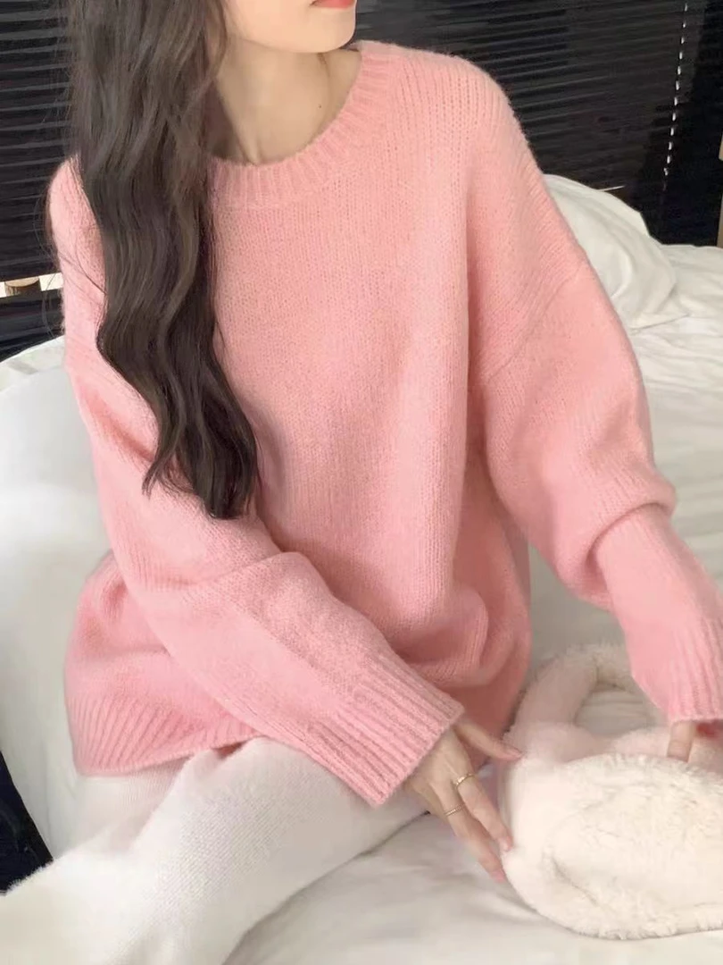 慵懒风设计感简约针织衫女秋冬季圆领套头休闲上衣2566