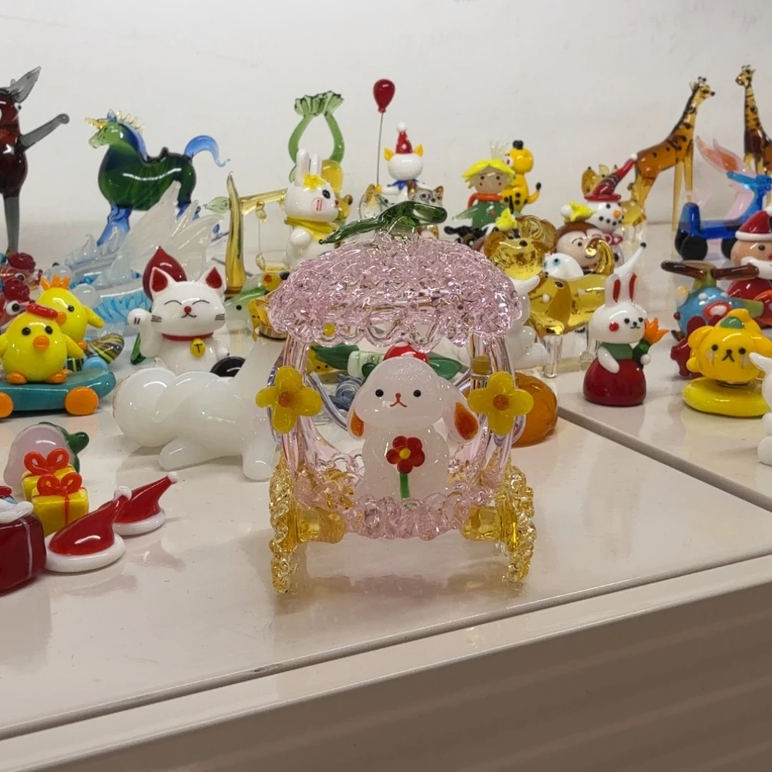 琉璃手工艺品花车小兔子一套